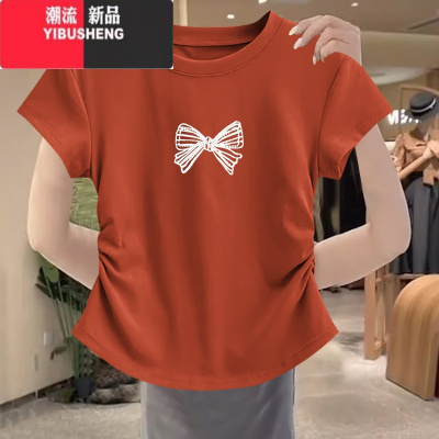 YIBUSHENG气质小个子短袖t恤女2024季新款修身显瘦收腰短款上衣ins印花