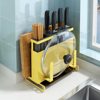 厨房用品刀具收纳架子多功能放菜板砧板架筷子笼菜刀架刀座置物架 敬平 升级款台面刀板架(缤纷黄)厨具架