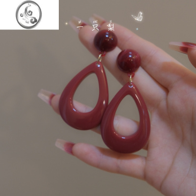 JiMi[昭和时代]复古酒红色耳环女港风气质夸张镂空水滴蚊香盘耳夹