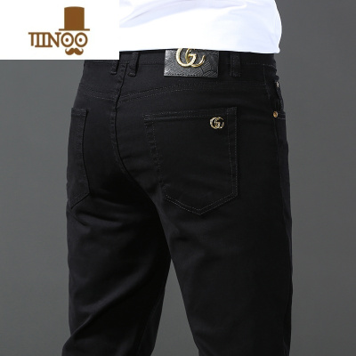 YANXU欧洲站修身黑色牛仔裤男夏季薄款弹力小脚青年休闲长裤子