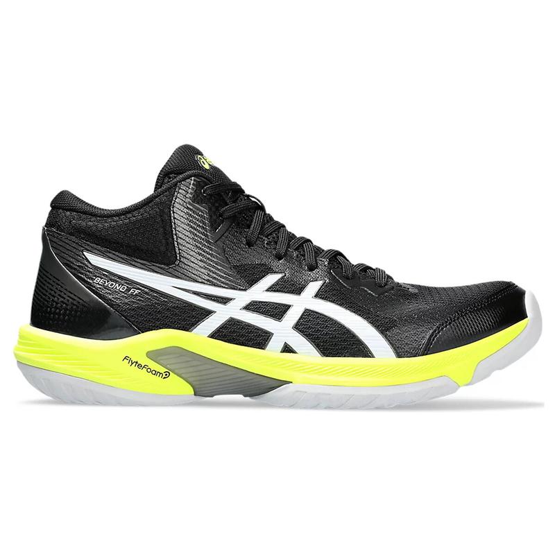 ASICS篮球鞋男透气耐磨防滑减震黑色白色条纹荧光黄鞋底高帮室内