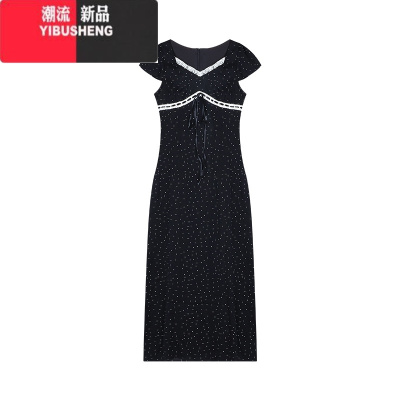 YIBUSHENG蕾丝边波点黑色连衣裙女装季设计感修身A字裙气质伞裙法式长裙