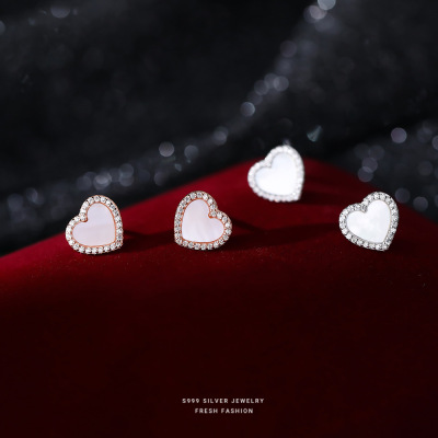 s999足银母贝微镶锆石爱心耳钉女法式复古气质甜美百搭小香风耳饰送女朋友老婆情人节七夕生日礼物