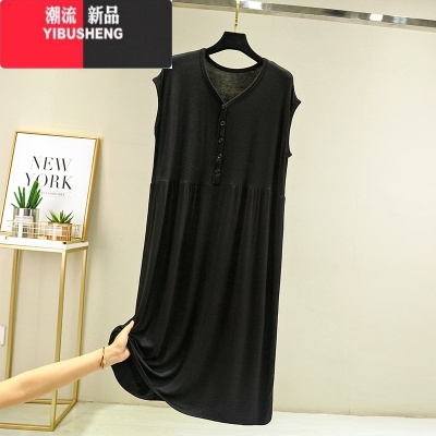 YIBUSHENG季莫代尔连衣裙女中长款无袖大码家居过膝长裙薄哺乳宽松睡衣裙