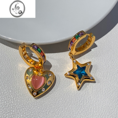 JiMi欧美ins猫眼石独特不对称星星爱心耳环女轻奢小众设计感高级耳饰