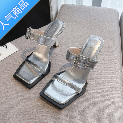 SUNTEK2023年新款夏季方头露趾一字带高跟鞋细跟漆皮黑色甜酷帅气凉拖鞋