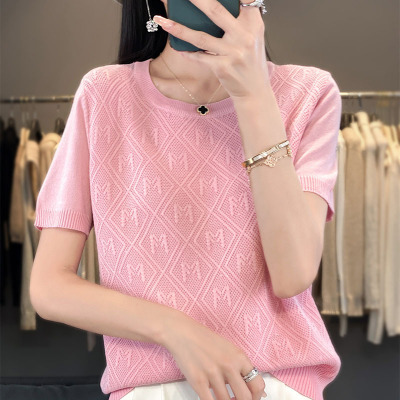夏季新款冰丝圆领针织衫女短袖T恤提花宽松百搭针织镂空打底衫