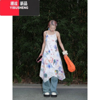 YIBUSHENG甜酷少女挂脖吊带连衣裙女2024季新款裙子涂鸦印花小个子中长裙