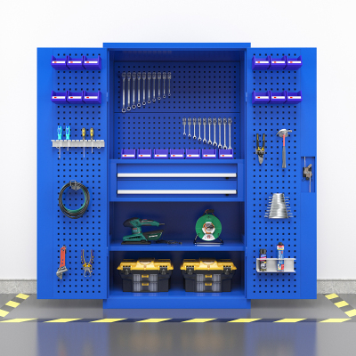 臻远重型五金工具柜铁皮柜双开门置物柜多功能零件柜~两层板两抽+门挂板+背挂板(蓝色)