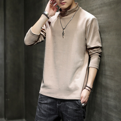 男装长袖T恤秋冬季新款双面德绒保暖打底衫半领百搭纯色衣服