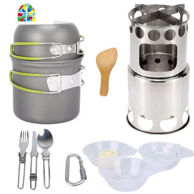 户外野营便携套锅野炊用品锅具野外炊具野餐露营柴火炉套装带餐具 FENGHOU 果绿色手柄饭锅一套[深浅两锅]