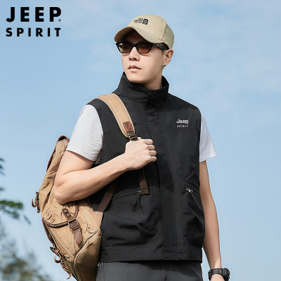 JEEP SPIRIT新款男士户外多袋马甲立领防风速干钓鱼摄影背心外套