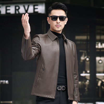 新款头层牛皮海宁真皮皮衣男100%牛皮翻领爸爸羊皮夹克中老年外套海宁真皮皮衣男士中年纯牛皮耐磨中老年爸爸装整张皮皮夹克