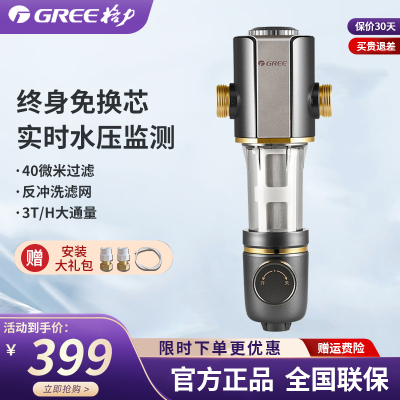 格力(GREE)前置过滤器WTE-QZBW04家用全屋自来水反冲洗净水器中央净水机高效过滤终身免换滤芯水压监控不锈钢滤网