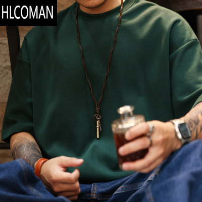 HLCOMAN 美式休闲短袖T恤男女宽松305G墨绿色圆领开叉落肩袖TEE