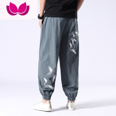 七斓亚麻休闲裤子男装宽松束脚阔腿九分裤春季大码棉麻裤中国风哈伦裤