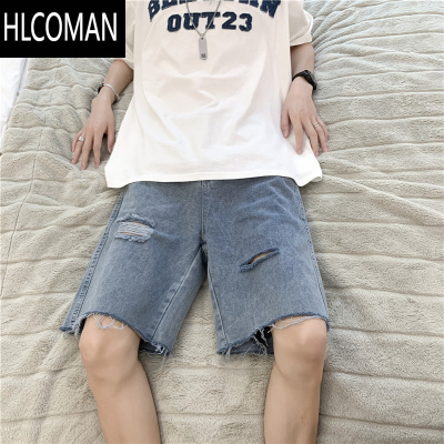 HLCOMAN夏季薄款破洞牛仔短裤男美式高街宽松毛边五分裤ins潮牌休闲中裤