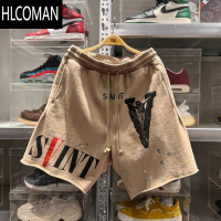 HLCOMAN高品质美式运动裤烂边高街嘻哈短裤泼墨潮人抽绳松紧腰男五分裤潮