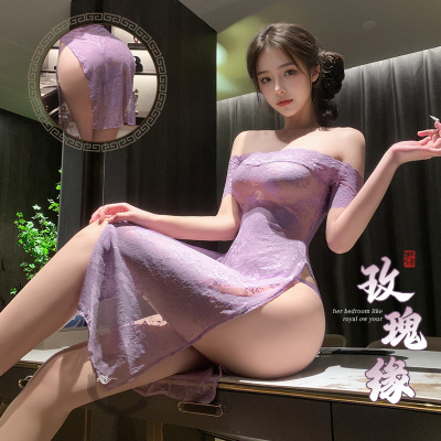 霏慕漫野玫瑰一字领透视旗袍复古情感情趣内衣睡衣浴袍6713