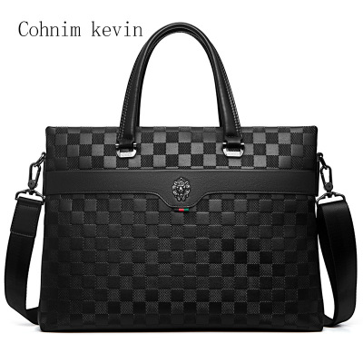 MKJ欧美时尚休闲真皮男士手提包商务单肩经典格子手拎男包14寸电脑文件公文包2024新款