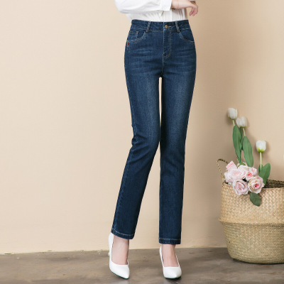 迪鲁奥(DILUAO)新款女装涂层牛仔布裤女裤高腰显瘦2019年秋季新款中老年女裤弹力大码长裤新款女装 蓝色