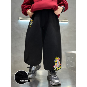 男童加绒裤子新款秋冬款中大儿童一体绒冬季拜年服喜庆加厚潮