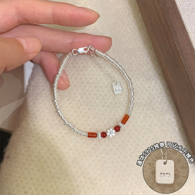 s925纯银天然红玛瑙花朵盘缠手链女高级感碎银子手串时尚气质送女朋友老婆情人节七夕生日礼物