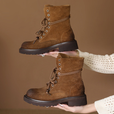 头层牛皮马丁靴女秋冬新款百搭厚底复古时尚系带中筒骑士靴子