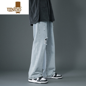 YANXU夏季新款破洞牛仔裤男士复古水洗宽松冰氧阔腿裤直筒高街ins潮牌
