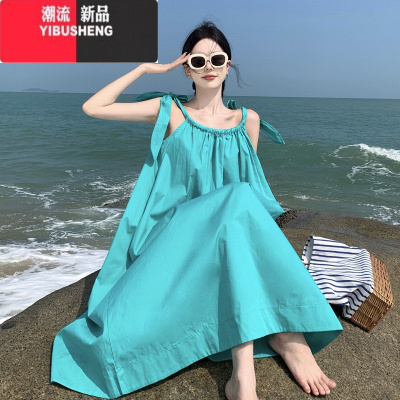 YIBUSHENG法式湖蓝色挂脖吊带连衣裙子女季气质感高级感海边度假沙滩长裙