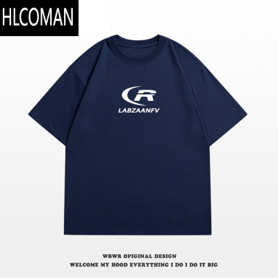 HLCOMAN美式小众字母印花藏青色短袖t恤男夏季潮牌宽松休闲上衣