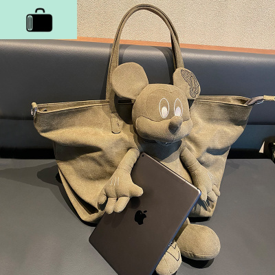 公仔爱上包 绣花公仔帆布包女黑灰色 单肩斜跨大容量学生托特包潮NEW LAKE女士单肩包