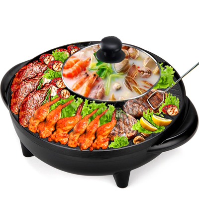 潇洒歌 多功能大容量家用电烤炉电火锅烧烤炉烧烤锅日月神锅麦饭石电热锅韩式涮烤一体锅多功能电烧烤盘日月锅 黑色