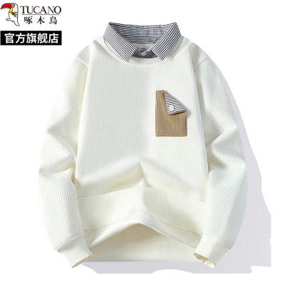 啄木鸟春秋冬季新款衬衫领假两件长袖套头厚棉T男士加绒大尺码打底衫