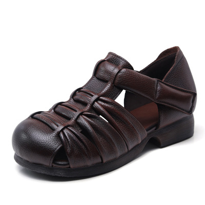 头层牛皮手工编织软底凉鞋2025夏季新款轻便休闲镂空透气复古女鞋