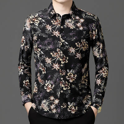 秋季男士长袖衬衫薄款印花衬衣半袖男青年休闲装印花衬衣