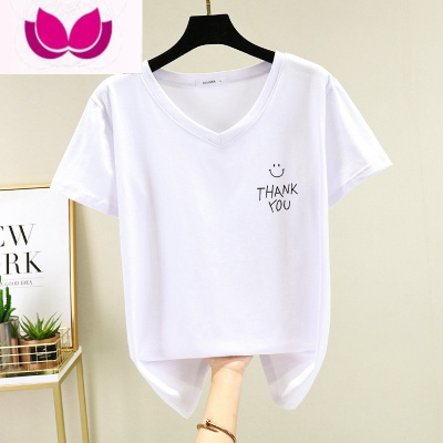 七斓v领t恤女大码夏装胖mm宽松显瘦正肩上衣短袖200斤遮肚体恤衫