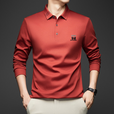 秋季新款时尚宽松翻领纯色长袖T恤男装潮流帅气棉质百搭休闲上衣