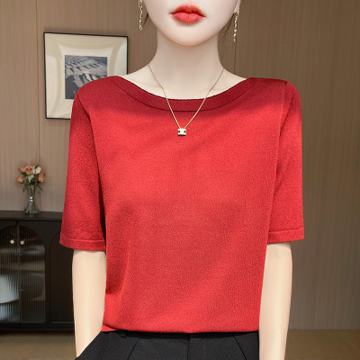 春夏新款女士针织衫5分中袖短袖圆一字领冰丝打底毛女