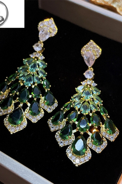 JiMi银针绿锆石羽毛耳坠几何菱形设计感耳环新娘婚纱礼服配饰宴会饰品