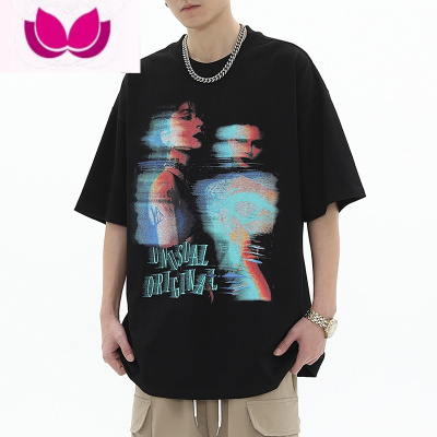 七斓260g美式高街潮牌宽松短袖t恤男夏季嘻哈炫影人像半袖tee