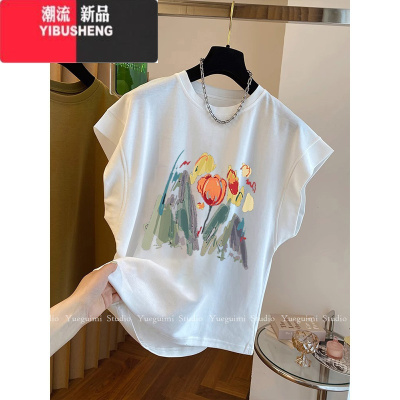 YIBUSHENG美式复古小飞袖t恤女季2024新款正肩设计感小众短袖体恤上衣ins