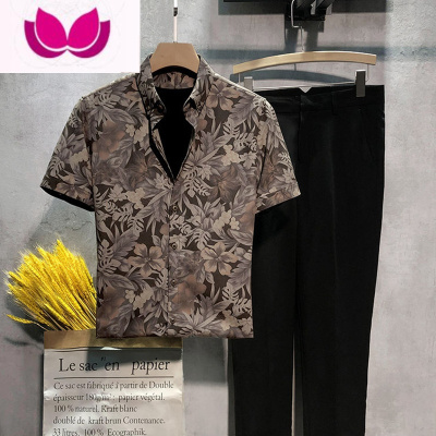 七斓夏季男士短袖衬衫修身韩版潮流休闲半袖寸衫痞帅碎花时尚男装衬衣