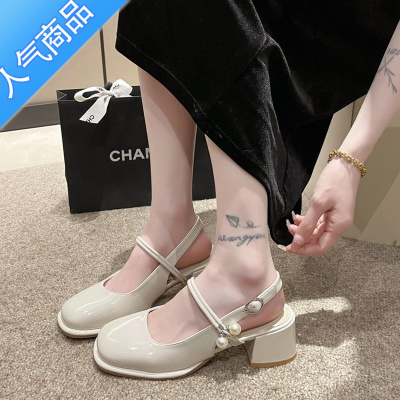 SUNTEK2023春夏季玛丽珍鞋子女中跟一字带包头凉鞋女粗跟单鞋方头高跟鞋