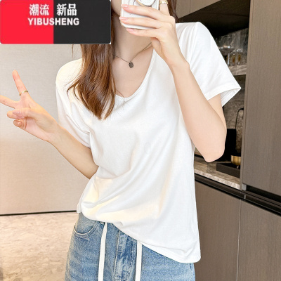 YIBUSHENG韩系白色v领正肩宽松短袖t恤女季2024新款内搭打底衫辣妹上衣薄
