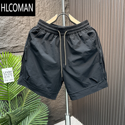 HLCOMAN拉链装饰短裤男夏季薄款冰丝速干五分裤美式复古休闲工装沙滩裤男