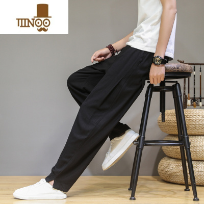 YANXU亚麻裤子男夏季薄款复古休闲长裤男凉感降温垂感阔腿宽松型小脚裤