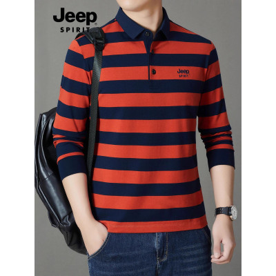 JEEP SPIRIT 2025长袖男秋季条纹polo衫男士商务休闲T恤衫