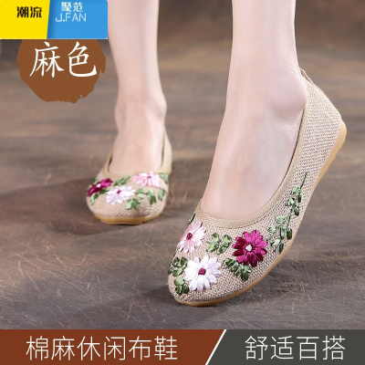 聚范女绣花鞋民族风平底妈妈亚麻牛筋软底透气款单鞋