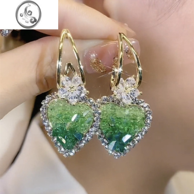JiMi镶钻水晶绿色爱心耳环小众设计高级感轻奢耳饰2023年新款潮耳钉女